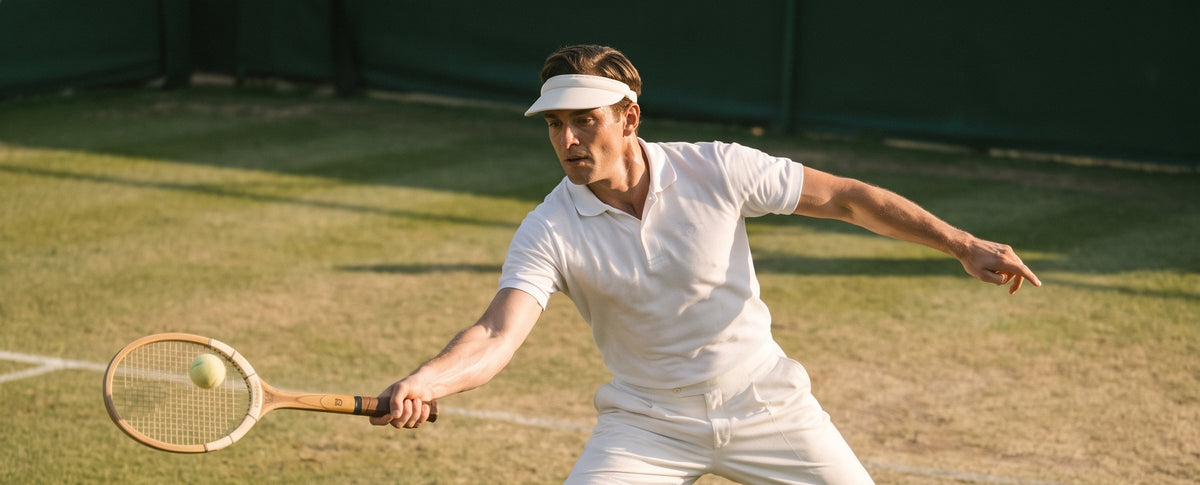 A man in a white tennis outfit, including a visor, polo shirt, and trousers, actively playing on a grass court while holding a wooden tennis racket.