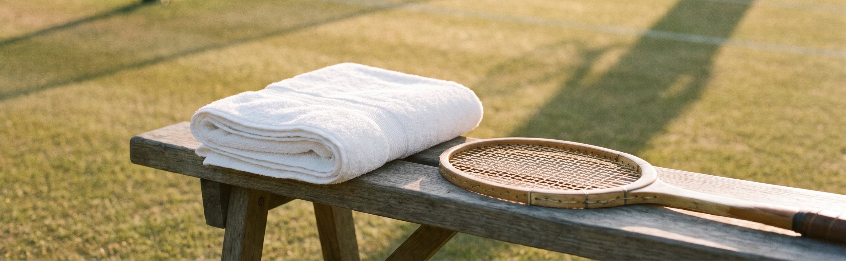 A folded white towel and a wooden tennis racket resting on a bench on a grassy tennis court during golden hour.