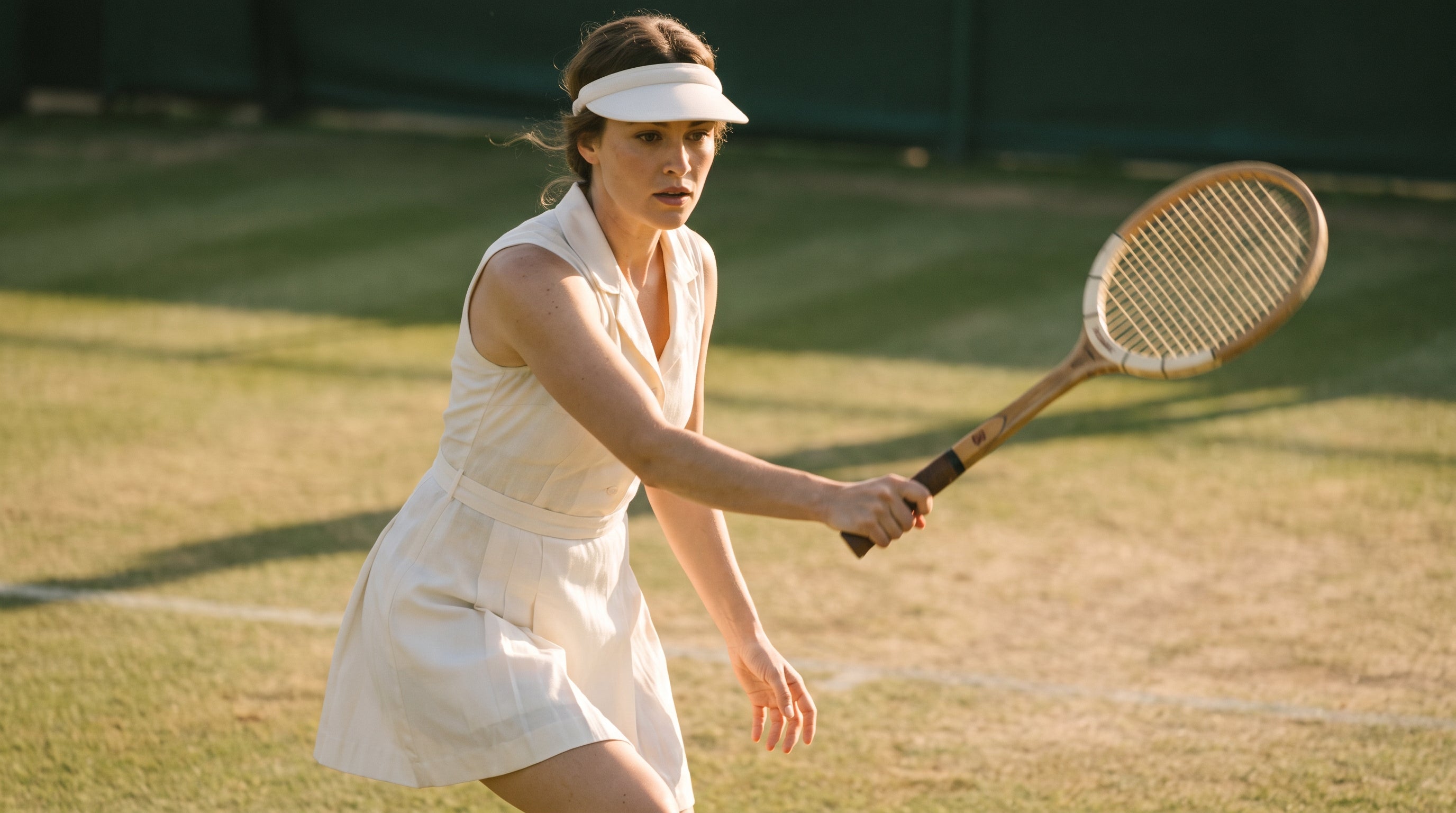 A woman in a white tennis dress and visor swings a wooden tennis racket on a grass court.